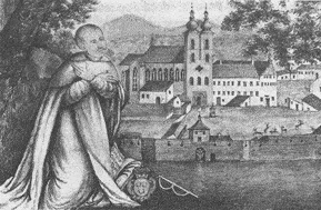 Nejstarší zobrazení kláštera z pol. 17. stol. V popředí bl. Hroznata jako řeholník 